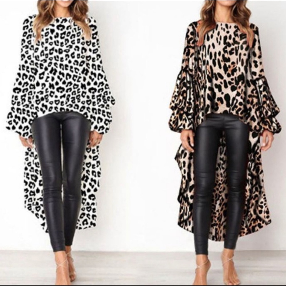 BLACK & WHITE ANIMAL PRINT RUFFLED DIP HEM BLOUSE - Picture 2 of 8